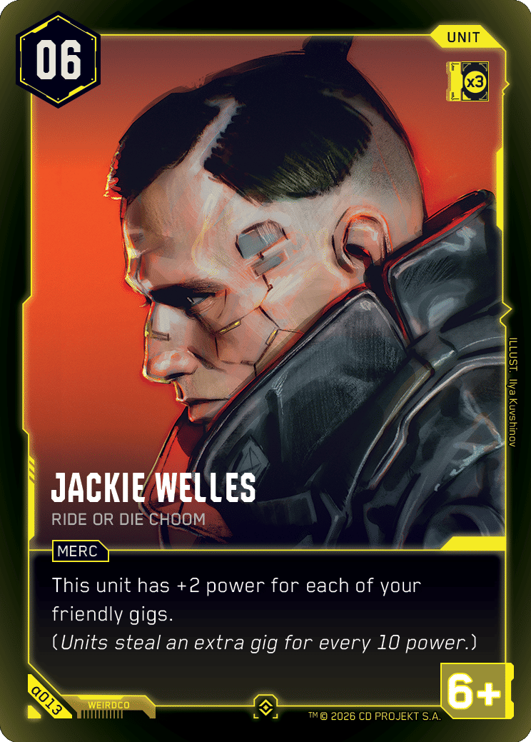 Carte Jackie Welles — Ride Or Die Choom, unité Merc du Cyberpunk TCG