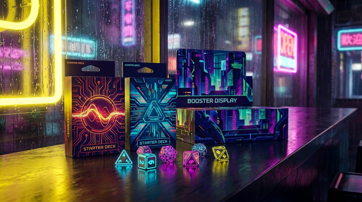 Deux starter decks Cyberpunk TCG, un display de boosters et six dés polyédriques sur un comptoir éclairé en néons jaunes et violets