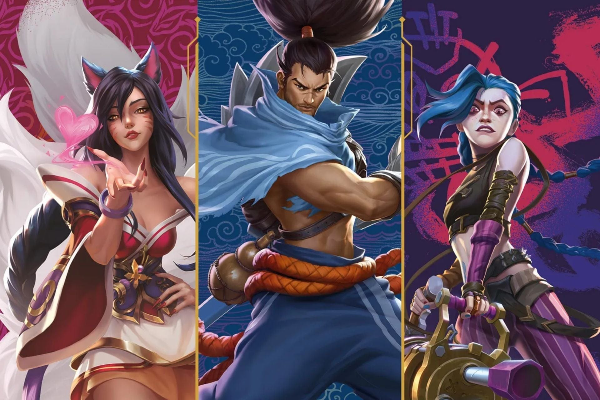 Key art Riftbound avec Ahri, Yasuo et Jinx