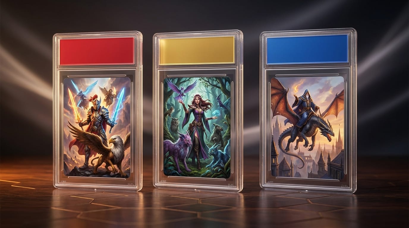 Trois slabs de grading côte à côte avec étiquettes rouge, or et bleu — symbolisant PSA, BGS et CGC