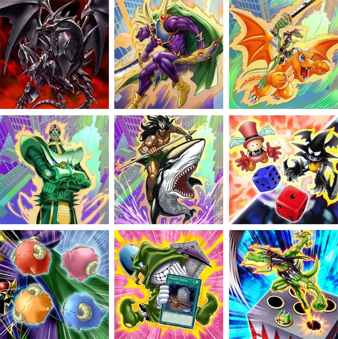 Planche d'illustrations de Beyond the Brave : Red-Eyes Black Dragon, Jinzo, les dés de Joey Wheeler, Adamancipator et Predaplant