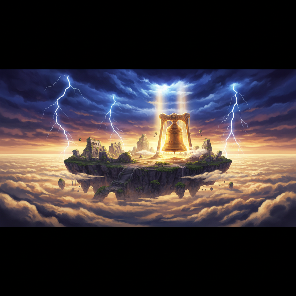 Île céleste de Skypiea avec cloche dorée et éclairs — One Piece TCG OP-15