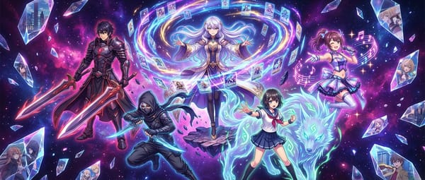 Illustration anime crossover — personnages fantasy, sci-fi et école entourés de cartes TCG dans un vortex cosmique